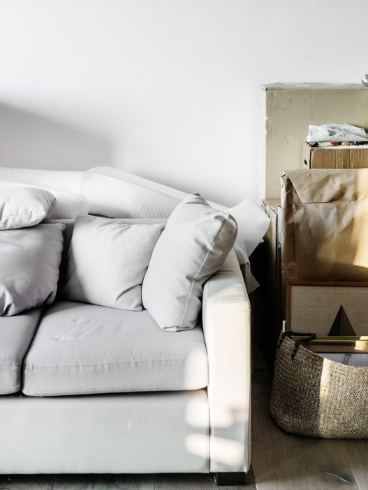 Illustration showing budget-friendly ways to upgrade a rental home with new paint, minimalist decor, and affordable furniture.