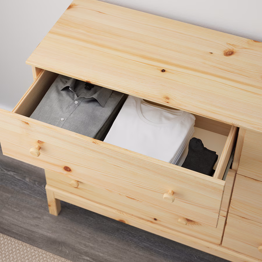 Featuring a minimalist design in raw solid wood, this chest of drawers looks great as is or can be customized with stain, paint, or wax to match your style. Don't forget to secure it to the wall! (Soource: IKEA)