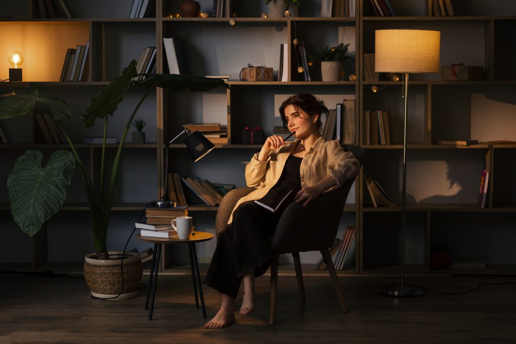Layered lighting with a floor lamp and desk lamp creates a cozy, focused atmosphere for reading and journaling.