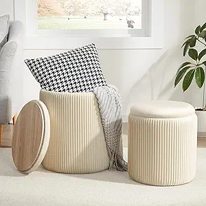 Storage ottoman with hidden compartment in a cozy living room, perfect for keeping small apartment clutter organized